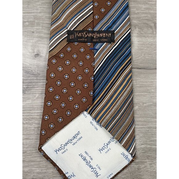 Designer YVES SAINT LAURENT YSL Brown Blue Striped Silk Tie 55" Paris New York - Picture 2 of 7
